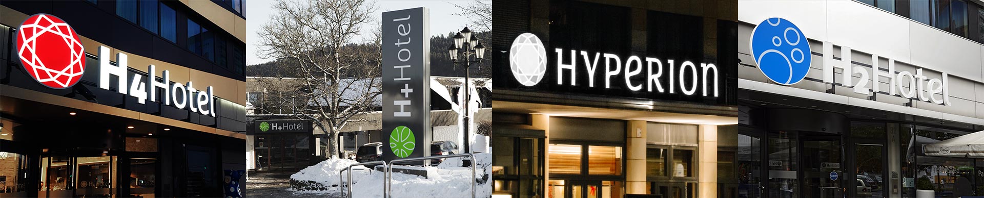 Entreés mit Logo der Hotels H4, H+, Hyperion und H2