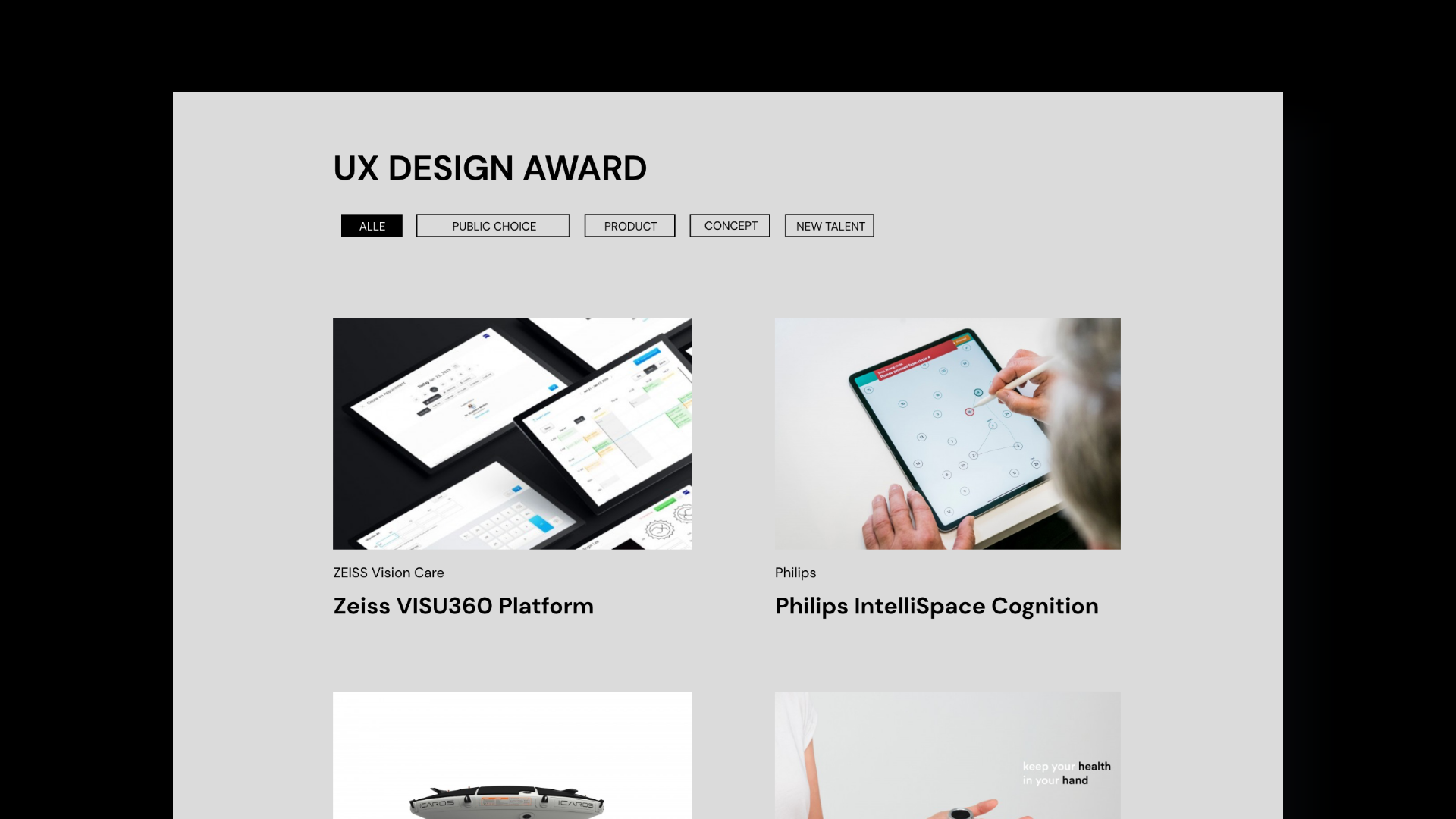 Startseite der UX Design Awards, Ansicht der Awards